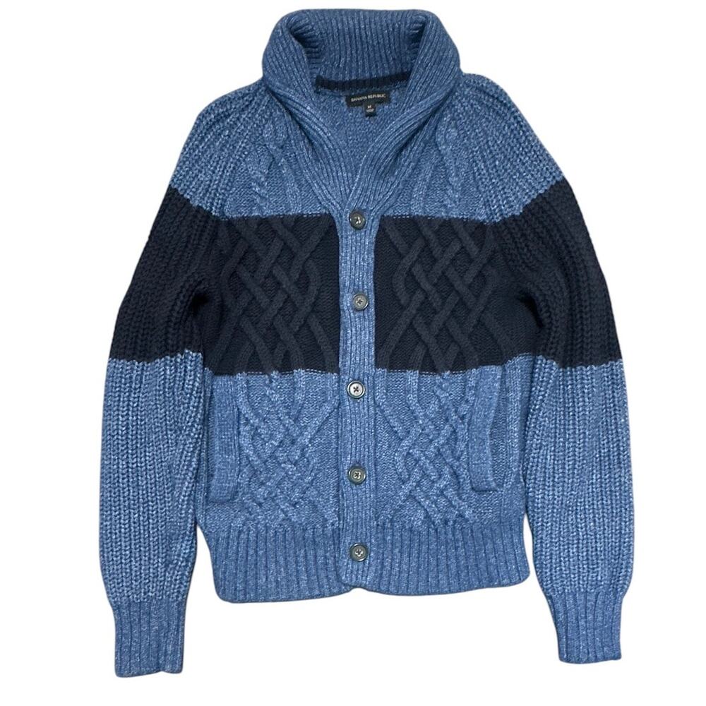 Banana Republic Cardigan Sweater Men's M Navy Blue Fisherman Cable Shawl Collar - Picture 2 of 6